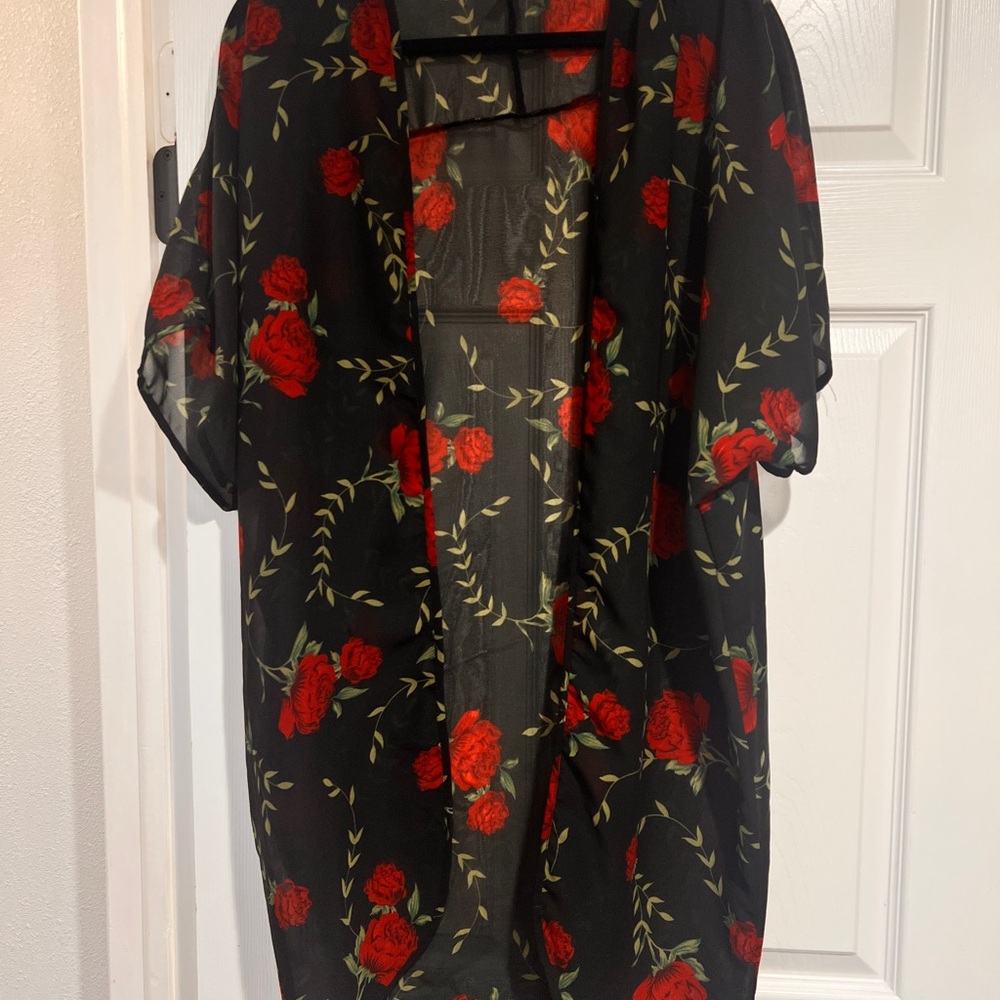 Floral Sheer Kimono with Red Roses